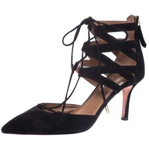 Aquazzura Belgravia Genuine Lace-Up Pumps Black Suede Size 37.5 Pointed Toe Heel
